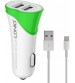 LDNIO Dual USB Car Charger, 3.4 Amp Output, Fast Charger, Cable, White and Green Color